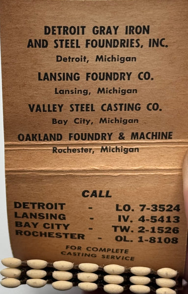 "Detroit Gray Iron And Steel Foundries" Detroit, MI Vintage Feature Matchbook