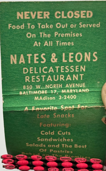 "Nates and Leons" Baltimore, MD Vintage Feature Matchbook