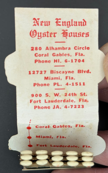 "New England Oyster Houses" Coral Gables, FL Vintage Feature Matchbook with a Contour (2)Cover!