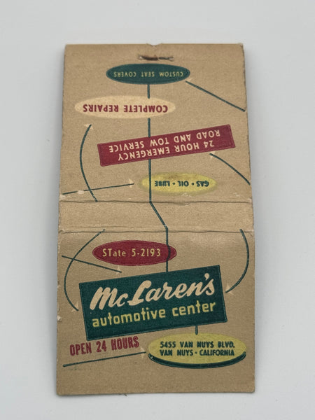 "Mc Laren’s Automotive Center" Van Nuys, CA Vintage Feature Matchbook