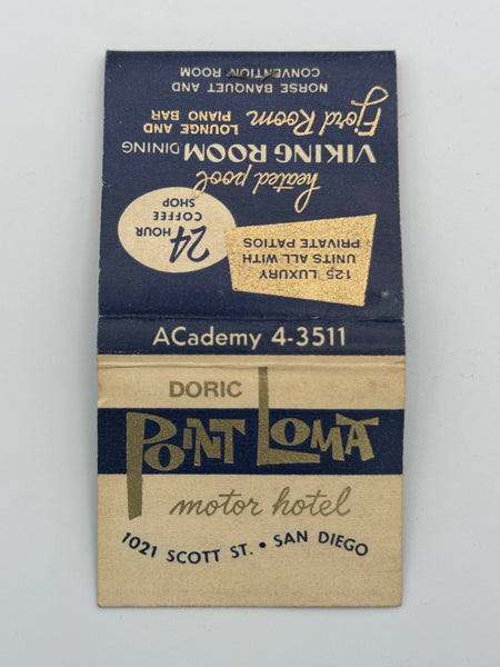 "Doric Point Loma" San Diego, CA Vintage Feature Matchbook