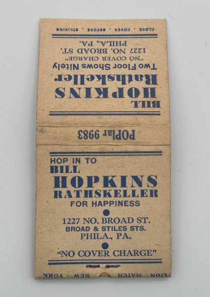 "Bill Hopkins Rathskeller" Phila, PA Vintage Feature Matchbook