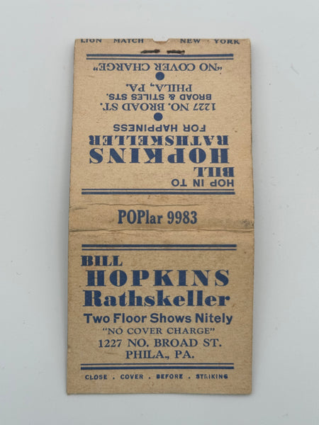 "Bill Hopkins Rathskeller" Phila, PA Vintage Feature Matchbook