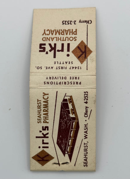 "Kirk’s Pharmacy" Seahurst, WA Vintage Feature Matchbook