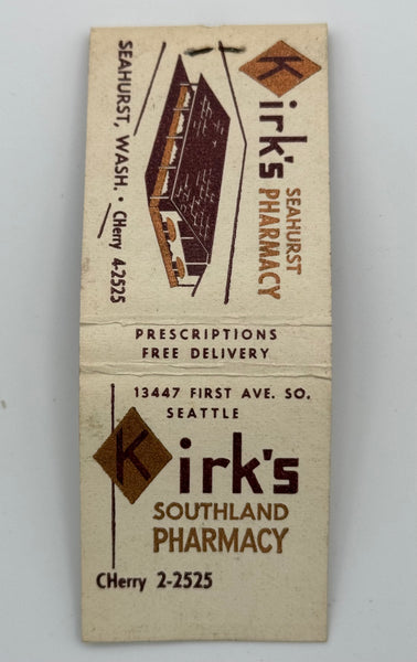 "Kirk’s Pharmacy" Seahurst, WA Vintage Feature Matchbook