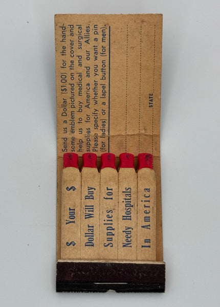 "Medical & Surgical Relief Committee of America" New York, NY Vintage Feature Matchbook