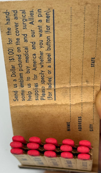 "Medical & Surgical Relief Committee of America" New York, NY Vintage Feature Matchbook