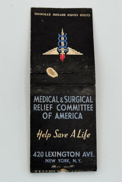 "Medical & Surgical Relief Committee of America" New York, NY Vintage Feature Matchbook