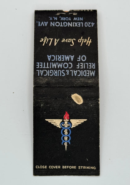 "Medical & Surgical Relief Committee of America" New York, NY Vintage Feature Matchbook
