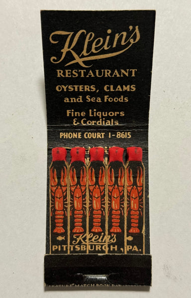 "Klein's Restaurant and Seafood House" Pittsburgh, PA Vintage Feature Matchbook -1