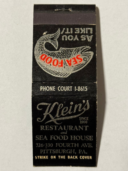 "Klein's Restaurant and Seafood House" Pittsburgh, PA Vintage Feature Matchbook -1