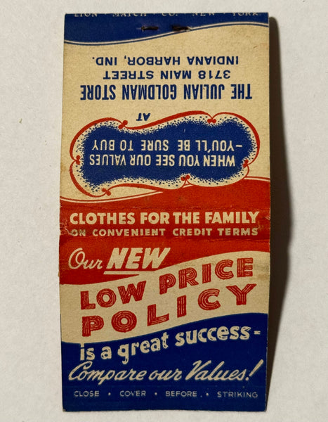 "Julian Goldman Clothes" Indiana Harbor, IN Vintage Feature Matchbook with Pop-Up Display