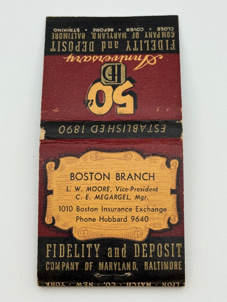 "Boston Branch of Fidelity and Deposit of Maryland" Vintage Feature Matchbook
