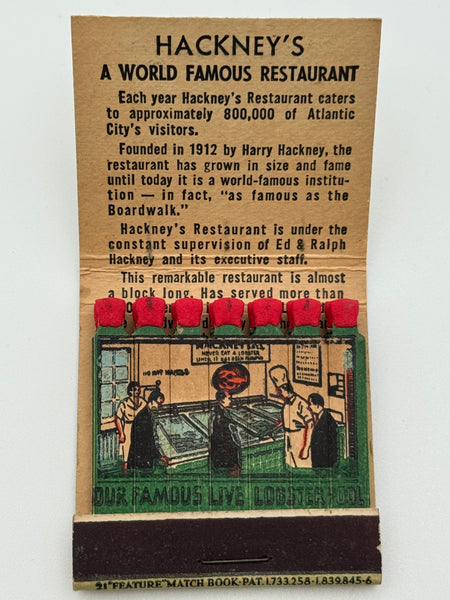 "Hackney’s Seafood Restaurant" Atlantic City, NJ Vintage Feature Matchbook