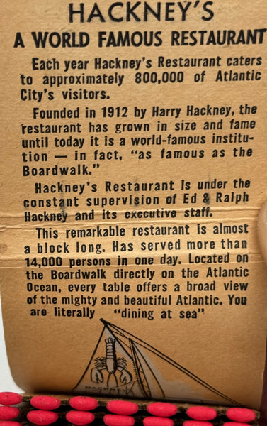 "Hackney’s Seafood Restaurant" Atlantic City, NJ Vintage Feature Matchbook