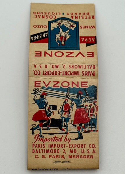 "Paris Import-Export Co./ Evzone" Baltimore, MD Vintage Feature Matchbook -B