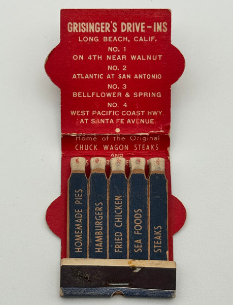 "Grisinger’s Drive-Ins" Long Beach, CA Vintage Contour Feature Matchbook -C