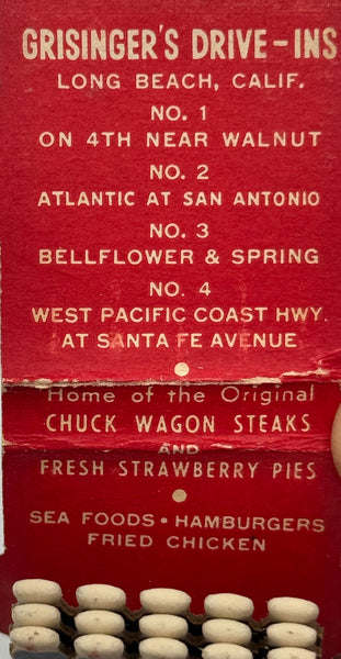 "Grisinger’s Drive-Ins" Long Beach, CA Vintage Contour Feature Matchbook -C
