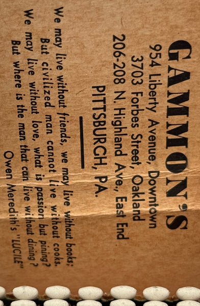 "Gammon’s" Pittsburgh, PA Vintage Feature Matchbook