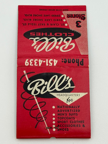 "Bill’s Clothes" Euclid, OH Vintage Feature Matchbook