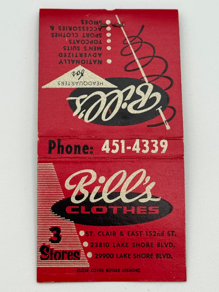 "Bill’s Clothes" Euclid, OH Vintage Feature Matchbook