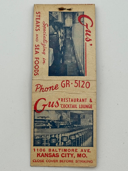 "Gus Restaurant and Cocktail Lounge" Kansas City, MO Vintage Feature Matchbook