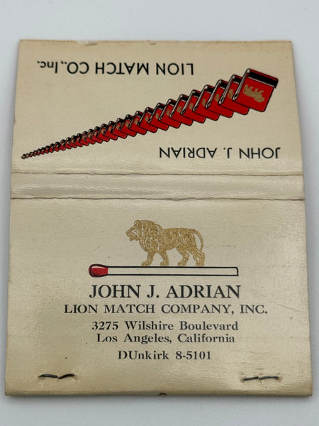 "Lion Match Co. Inc. / John J. Adrian" Salesman's Business Card Vintage Feature Matchbook