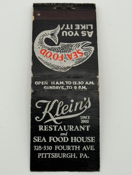 "Klein’s Restaurant and Seafood House" Pittsburgh, PA Vintage Feature Matchbook -2