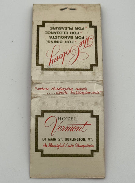 "Hotel Vermont / The Colony" Burlington, VT Vintage Feature Matchbook