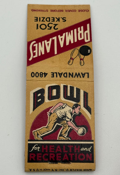 "Prima Lanes" Chicago, IL Vintage Feature Matchbook