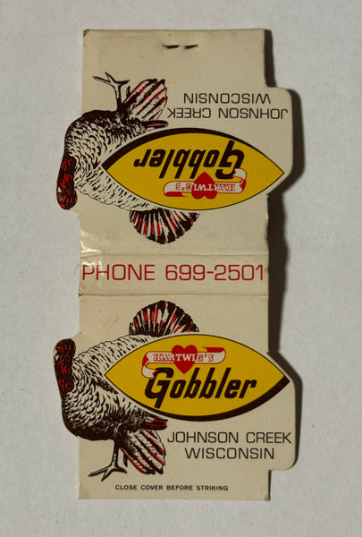 "Hartwig's Gobbler" Johnson Creek, Wisconsin Vintage Feature Matchbook with a Contour Cover