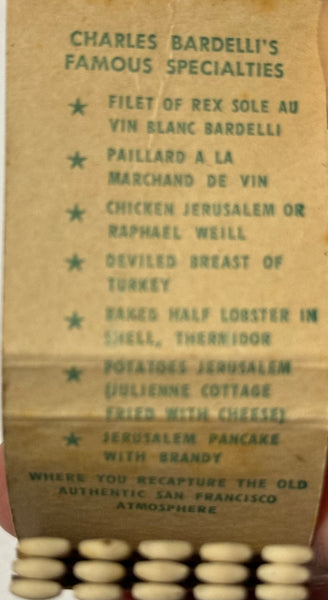 "Charlie Bardelli’s" San Francisco, CA Vintage Feature Matchbook (B)