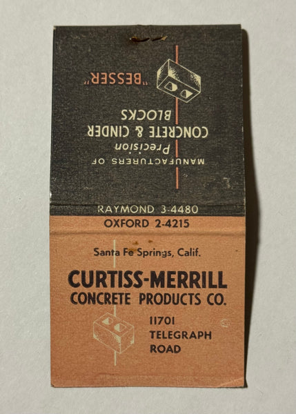 "Curtiss-Merrill Concrete Products Co." Santa Fe Springs CA Vintage Feature Matchbook
