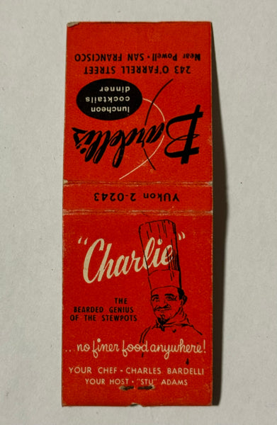"Charlie Bardelli’s" San Francisco, CA Vintage Feature Matchbook (B)