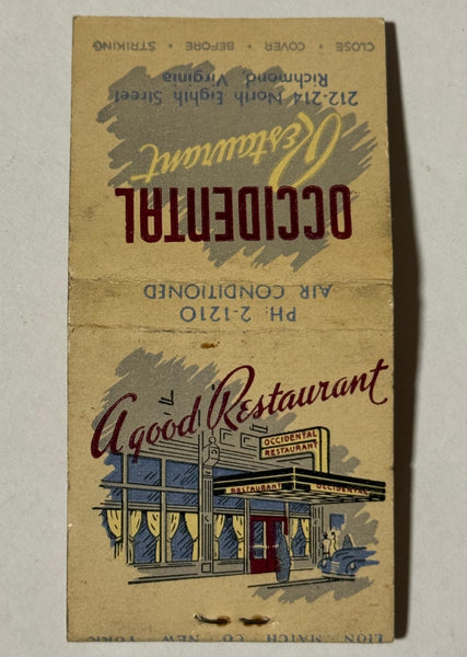 "Occidental Restaurant" Richmond, VA Vintage Feature Matchbook with a Pop-Up Cover!