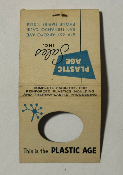 "Plastic Age Sales Inc." San Fernando, CA Vintage Feature Matchbook with a Knot-Hole Cover (B)