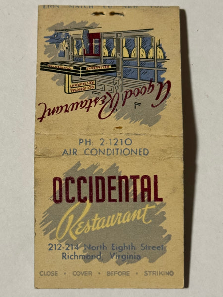 "Occidental Restaurant" Richmond, VA Vintage Feature Matchbook with a Pop-Up Cover!