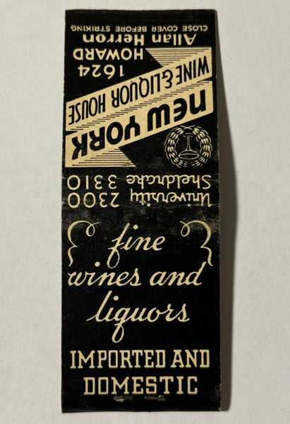 "New York Wine & Liquor House" Chicago, IL Vintage Feature Matchbook #2
