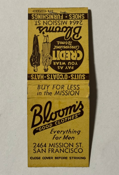 "Bloom’s Good Clothes" San Francisco, CA Vintage Feature Matchbook