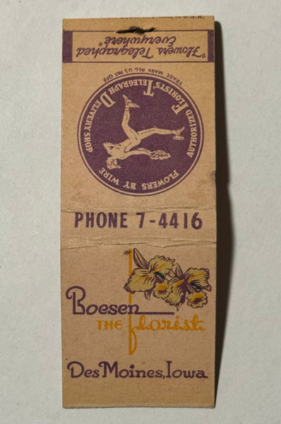 "Boesen The Florist" Des Moines, IA  Vintage Feature Matchbook