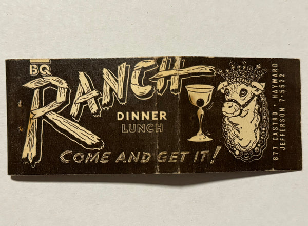 "BQ Ranch" Los Angeles, CA Vintage Feature Matchbook w/Full Length Imprinted Cover