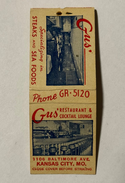 "Gus' Restaurant and Cocktail Lounge" Kansas City, MO Vintage Feature Matchbook (B)