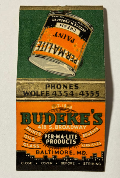 "Budeke's Paint #2 - Distrib. Bronzite" Baltimore, MD Vintage Feature Matchbook