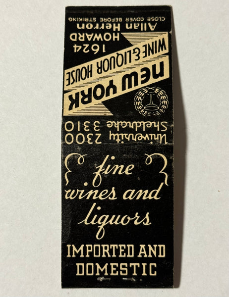 "New York Wine and Liquor House" Vintage Feature Matchbook