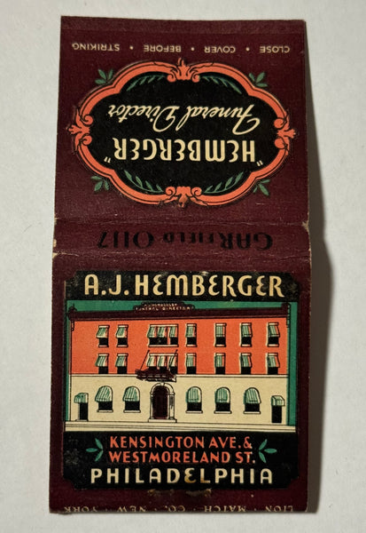 "A.J. Hemberger Funeral Director" Phila, PA  Vintage Feature Matchbook