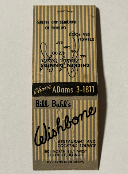 "Bill Buhl's Wishbone Restaurant and Lounge" Belleville, IL Vintage Feature Matchbook