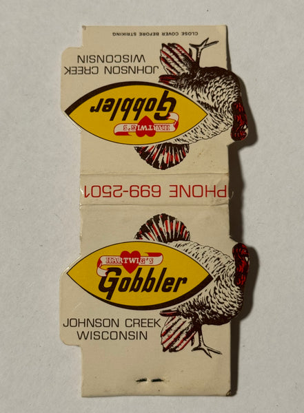 "Hartwig's Gobbler" Johnson Creek, Wisconsin Vintage Feature Matchbook with a Contour Cover