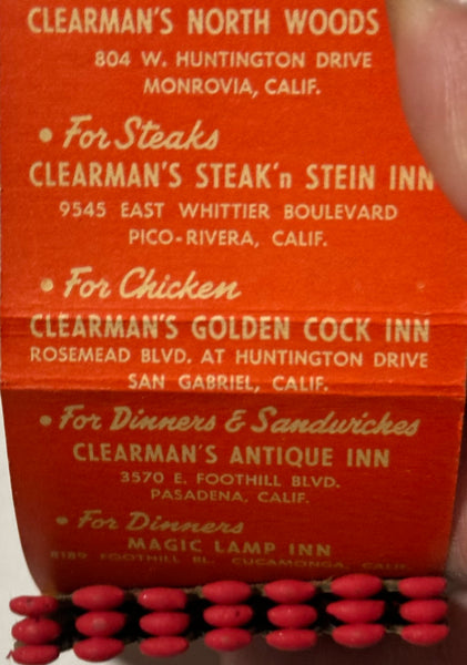 "Clearman’s Steak n’Stein Inn" San Gabriel, CA  Vintage Feature Matchbook (B)