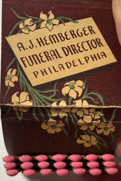 "A.J. Hemberger Funeral Director" Phila, PA  Vintage Feature Matchbook