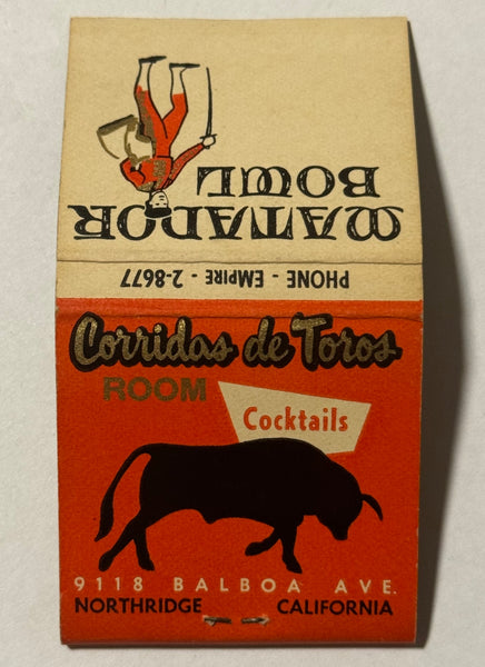 "Matador Bowl Cocktails" Northridge, CA Vintage Feature Matchbook